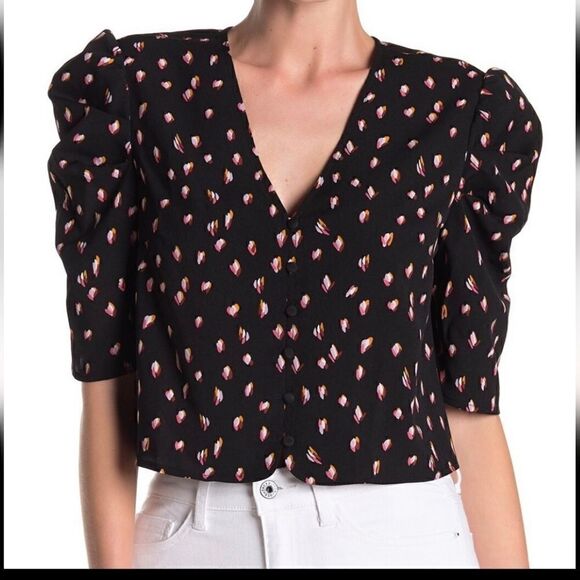 free press Tops - Free Press NWT Puff Sleeve Floral Crop Top XXL Black Pink